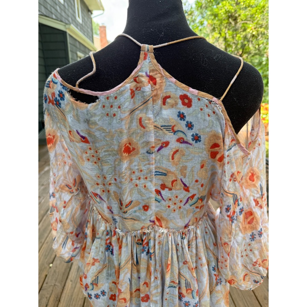 Free People FP One Floral Bird Print Gauze Blouse XS Orange Blue Cold Shoulder - Picture 6 of 7